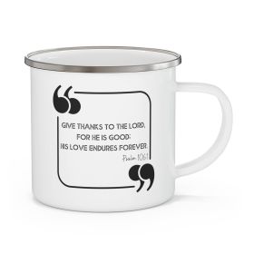 Enamel Camping Mug, Give Thanks To The Lord Black Illustration