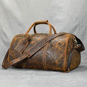 Vintage Print Crazy Horse Leather Handbag (Option: Embossed Crazy Horse Brown)